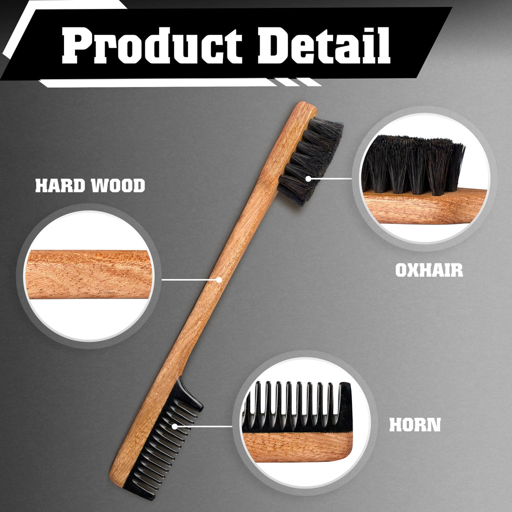 Vtuna 2-in-1 Beard Comb & Brush - Mustache & Beard Comb for Men. Handcrafted from Solid Wood, Buffalo Horn, and Cow Tail Hair. Comes in a Box, Perfect for Gifting.