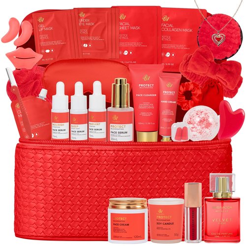 33 pcs Valentines Day Gifts for Women, Red Rose Spa Bath & Body Gift Set, Face Sheet Mask Skin Care, Hydrogel Mask, Lip Gloss, Cosmetic Bag, Serum, Necklace, Cleanser, Gua Sha, Mother Day, Birthday