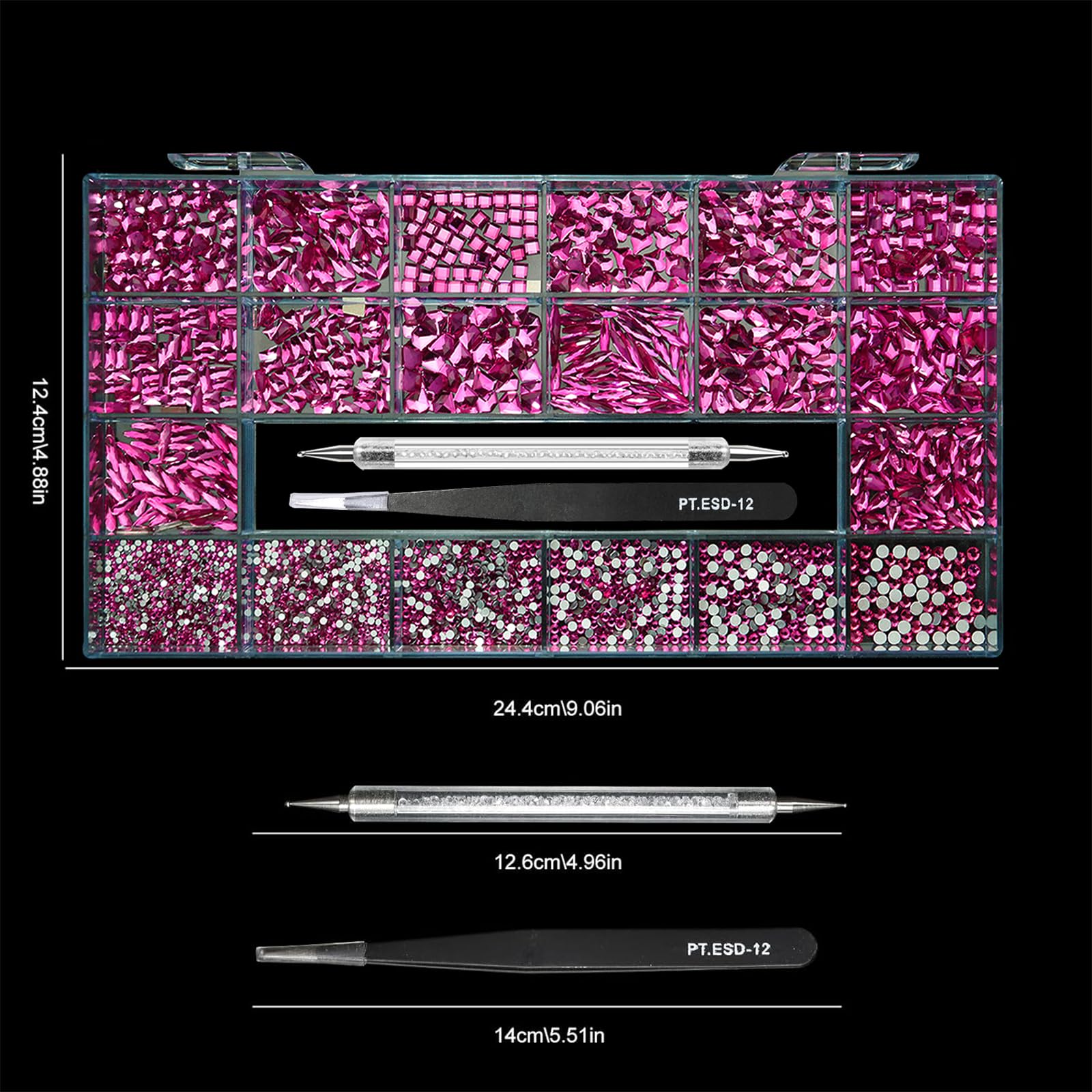 Yzzseven 14 Types of 700 Rose Pink Diamonds + 2100 Flat Rhinestones Mix 20 Styles Flatback DIY Crafts Rhinestone Crystals 3D Ornament‌s Flat Back Stones Set + Tweezers + Drill Pen