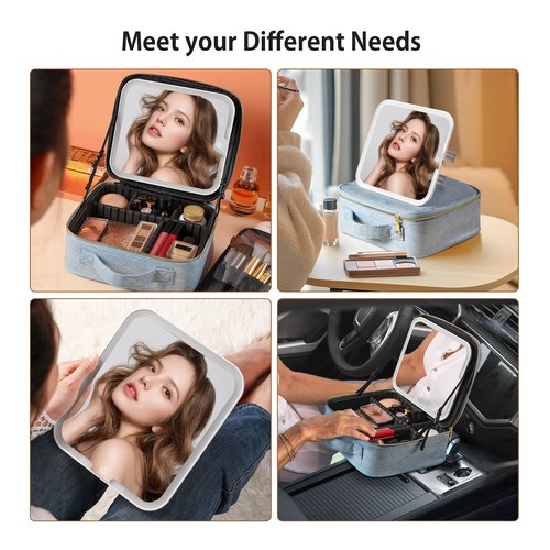 PRALENA Portable Travel Makeup Bag with Mirror and Light - 3 Colors,Adjustable Brightness Spacious Cosmetic Organizer,Mermaid Shine Blue