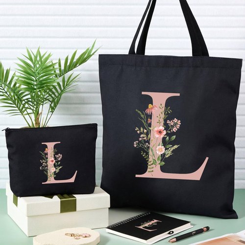 Talltalk 5 Pcs Personalized Women Gifts,Initial Tote Bag,Makeup Bag,Keyring,Notebook,Ballpoint,Black Alphabet Gifts for Women(Letter L)