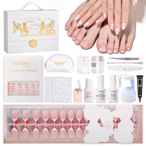 Beetles French Tip Press On Nails - Wedding Beauty Box | Short Almond Press On Nails Kit | 16 Sizes 224 Pcs All-in-One Kit With Nail Glue,Builder,Top Coat,Nail Lamp,Nail Tools Gift