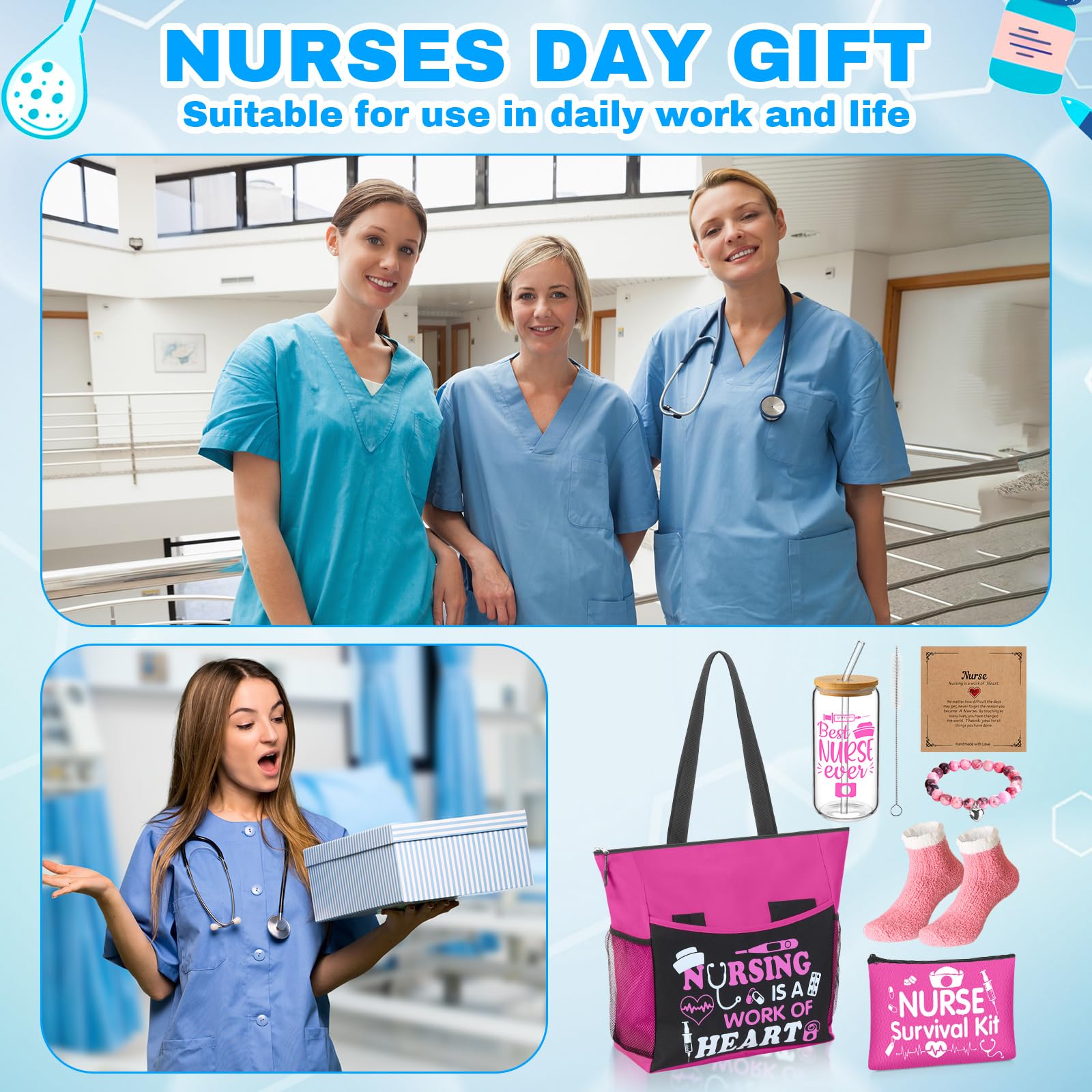 Yetene 5 Pcs Valentine Nurse Gifts for Women Include Ribbon Zippered Tote Bag Makeup Bag 16 oz Glass Cup Bracelets and Sock Appreciation Gift Set for Galentines Female Gift(Hot Pink,Nurse)