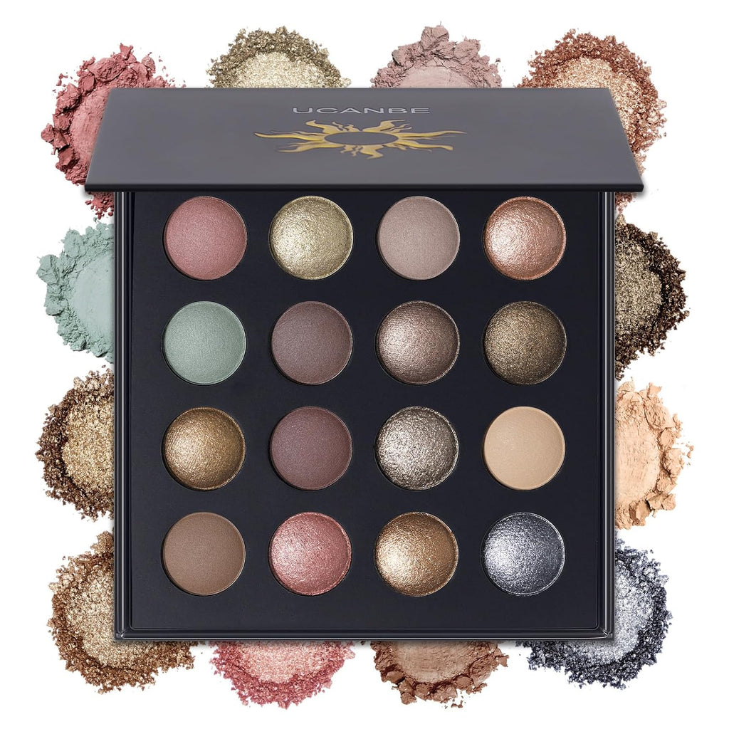 UCANBE Baked Eyeshadow Palette - 16 Highly Pigmented Nude Colors with Matte & Glitter Finish