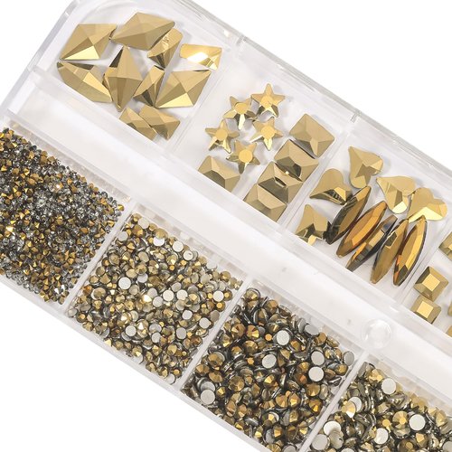 HNUIX Mine Golden Nail Rhinestones Kit Flatback Crystal Metallic Gold Gems Stones 1450Pcs Nail Art Gems Diamonds Jewels Multi Shapes Sizes Nail Charms Tweezer & Wax Pen for Nails DIY Faces Eyes Makeup