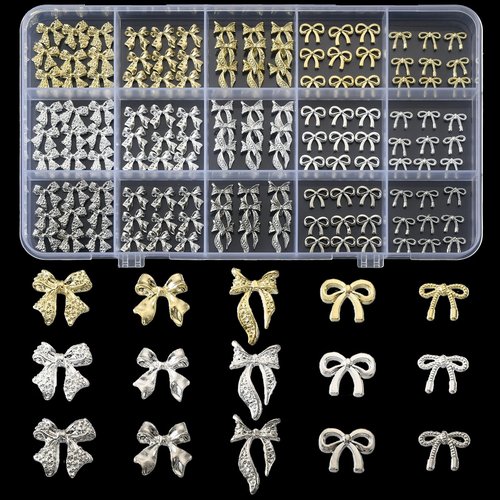 OPMADM 135 Pcs Bow Nail Charms 5 Styles Metal Bow Charms for Nails Gold Silver and White Gold