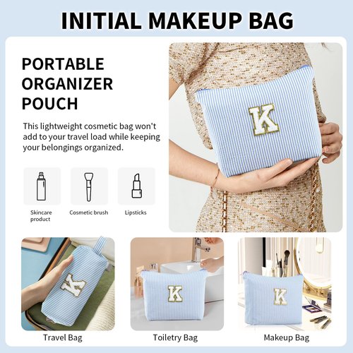 MSQ Initial Makeup Bags 2PCS Cosmetic Bag for Travel Toiletry, Birthday Gifts for Girls Girlfriend Teen Teacher Mom, Trendy Stuff Toiletry Bag, Blue K