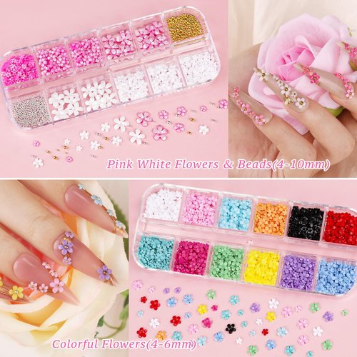 12 Boxes Nail Art Kit, Colorful Crystal Rhinestones Nail Jewels Flatback Pearls Acrylic Flower Nail Charms Caviar Beads 3D Metal Gold Studs Rivet Holographic Iridescent Sequins with Pickup Tools