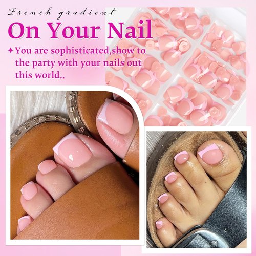 168pc Pink French Tip Press on Toenails Women Fake Toe Nails with Tabs, Nude Fake Toenails Press on Nails Toe Acrylic Nail Tips Short Square Glue Toenails Stick Artificial Toe Nails Press ons