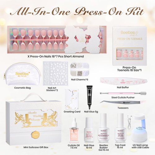 Beetles French Tip Press On Nails - Wedding Beauty Box | Short Almond Press On Nails Kit | 16 Sizes 224 Pcs All-in-One Kit With Nail Glue,Builder,Top Coat,Nail Lamp,Nail Tools Gift