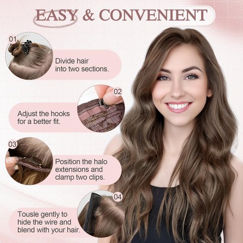SEGO Pro Halo Hair Extensions Real Human Hair Wavy Invisible Wire Hairpiece Adjustable One Piece With 2 Secure Clips For Women to Add Length,12inch Gold Blonde Mixed Bleach Blonde,55g