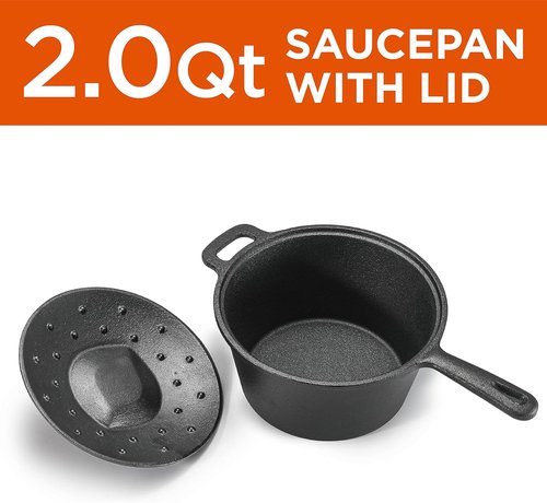 Commercial Chef 2-Qt. Pre-Seasoned Cast Iron Saucepan with Lid - Versatile for All Cooktops & Campfires