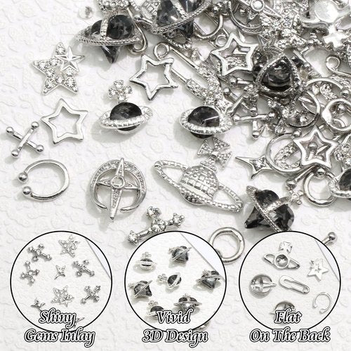 BELICEY 190PCS 3D Nail Charms - Silver Star Cross Planet Rivet Punk Cone Jewels for Acrylic Nails