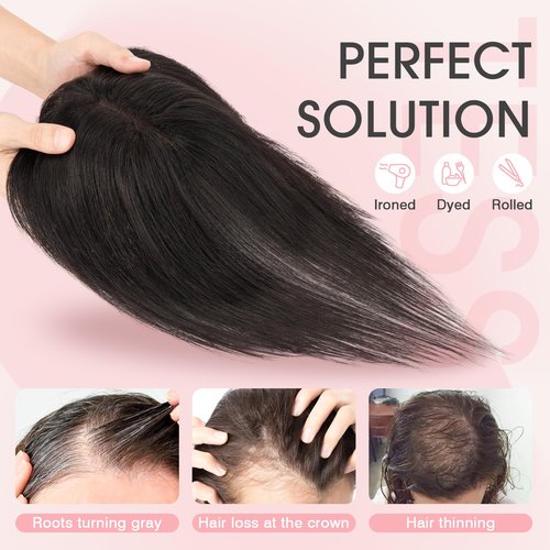 TESS Hair Topper Real Human Hair Toppers for Women with Thinning 11 Inch 360° Cover Clip in with Bangs Upgrade Lace Base Daily Wear, Dark Brown