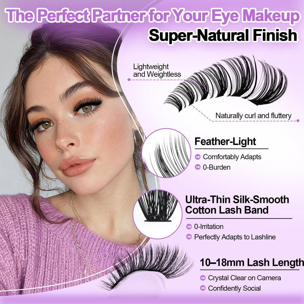 Wendy Lash Clusters Kit With Bottom Lashes 40D+50D+60D+80D+100D+150D 880-Pcs Fluffy Eyelash Clusters D Curl Lashes Extension Soft Eyelash Extension Kit Wispy Natural DIY at Home