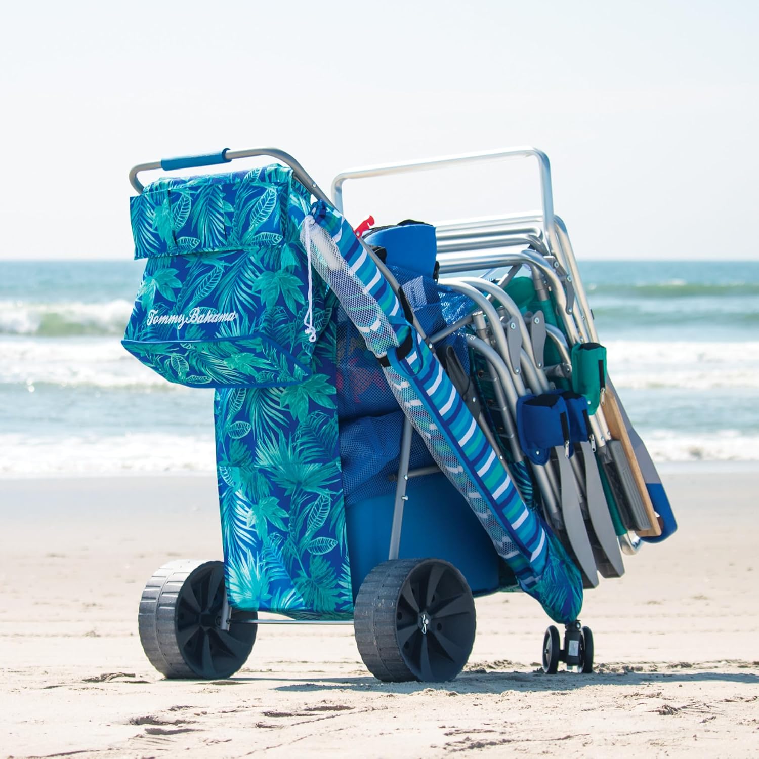 Tommy Bahama Beach Cart - Deluxe Folding Caddy for Towels & Accessories | Holds 48-Quart Cooler & 4 Chairs, Blue