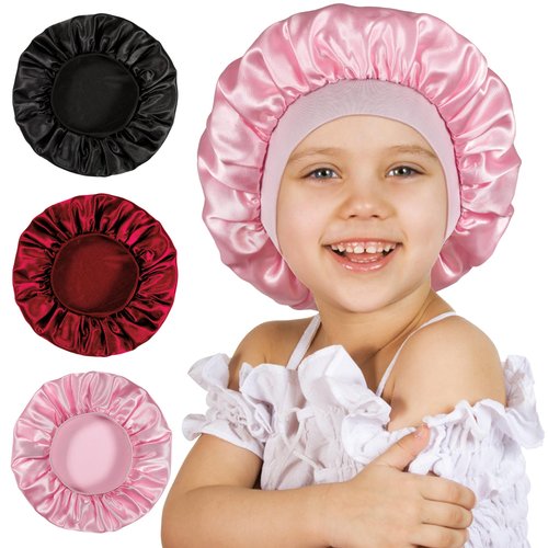 3 Pcs Bonnet for Kids, Kids Bonnets for Girls, Satin Silk Hair Bonnet for Sleeping, Soft Wide Band Sleep Cap for Curly Hair Braids for Teens Child Toddler