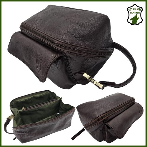 Coyote Bay® Flypouch Premium Full Grain Soft Leather Toiletry Bag, Large 9 Inch, Makeup Bag, Travel Organizer Pouch, Shaving Kit, Cosmetics Toiletry Bathroom Organizer (Brown, Large)