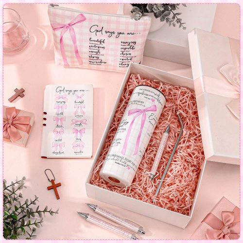 Patelai 6 Pcs Pink Bow Christian Gift for Women Coquette Makeup Bag Christian Tumbler Bible Coquette Gifts for Girls Religious Pink Bow Notebook Ballpoint Pen for Daughter Sister Church School