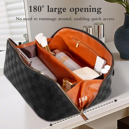 Abiudeng Travel Makeup Bag,Large Capacity Toiletry Bag Cosmetic Bags for Travel Essentials,Waterproof Portable Pouch Open Flat Makeup bag Organizer with Divider and Handle(Checkered-Black)