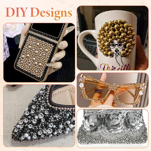 9000Pcs Gold Silver Black Half Pearls for Crafting, Flatback Pearls for Bedazzling, 3-8mm ABS Flatback Gold Pearl for Nails Art DIY Crafts Shoes Clothes Bags DIY Making
