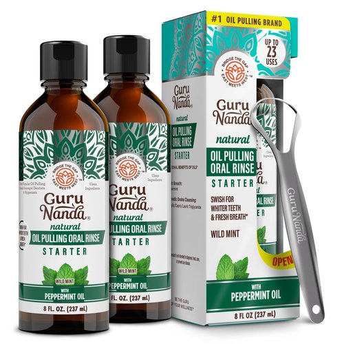 GuruNanda Starter Pulling Oil Mouthwash for Natural Teeth Whitening, Coconut and Peppermint Oil for Fresh Breath & Happy Gums, with Tongue Scraper, Alcohol-Free, 2X8 Oz