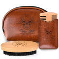 Menesia Beard Brush and Comb Set, Boar Bristle Hair Beard Brush Kit with Small Leather Travel Toiletry Bag Case for Men, Include Men's Wooden Mustache Comb