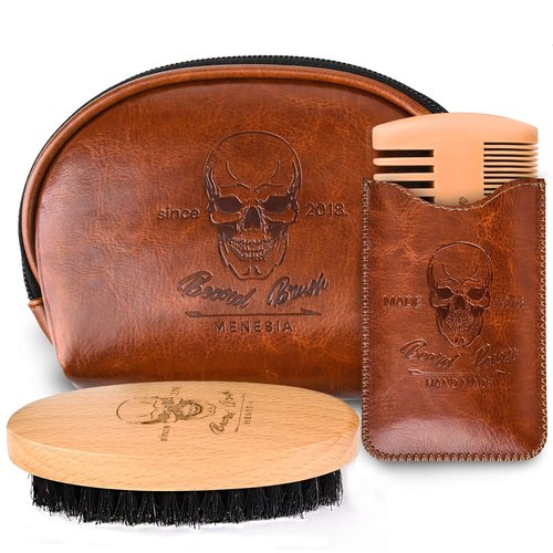 Menesia Beard Brush and Comb Set, Boar Bristle Hair Beard Brush Kit with Small Leather Travel Toiletry Bag Case for Men, Include Men's Wooden Mustache Comb