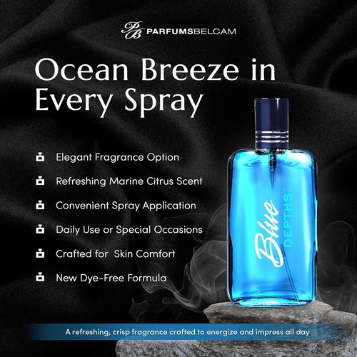 PB ParfumsBelcam Blue Depths Eau de Toilette Spray - 3.4 Fl Oz | Fresh Aquatic Cologne for Men with Citrus, Musk & Amber Scent