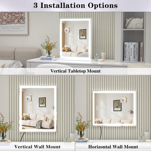 ANYHI Vanity Mirror with LED Light, 24"x20.5" Lighted Vanity Mirror with 10X Magnifying, 3 Color Modes, Dimmable, Smart Touch Control, Aluminum Frame, Tabletop/Wall Mount, White