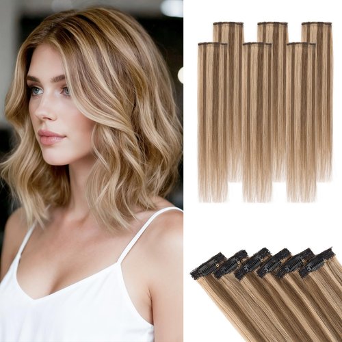 Short Hair Extensions Clip ins,S-noilite Short Clip in Hair Extensions Real Human Hair,Mini Hairpieces for Add Volume and Highlights,6 Pieces 33g 12 inch Medium Brown Mixed Dark Blonde