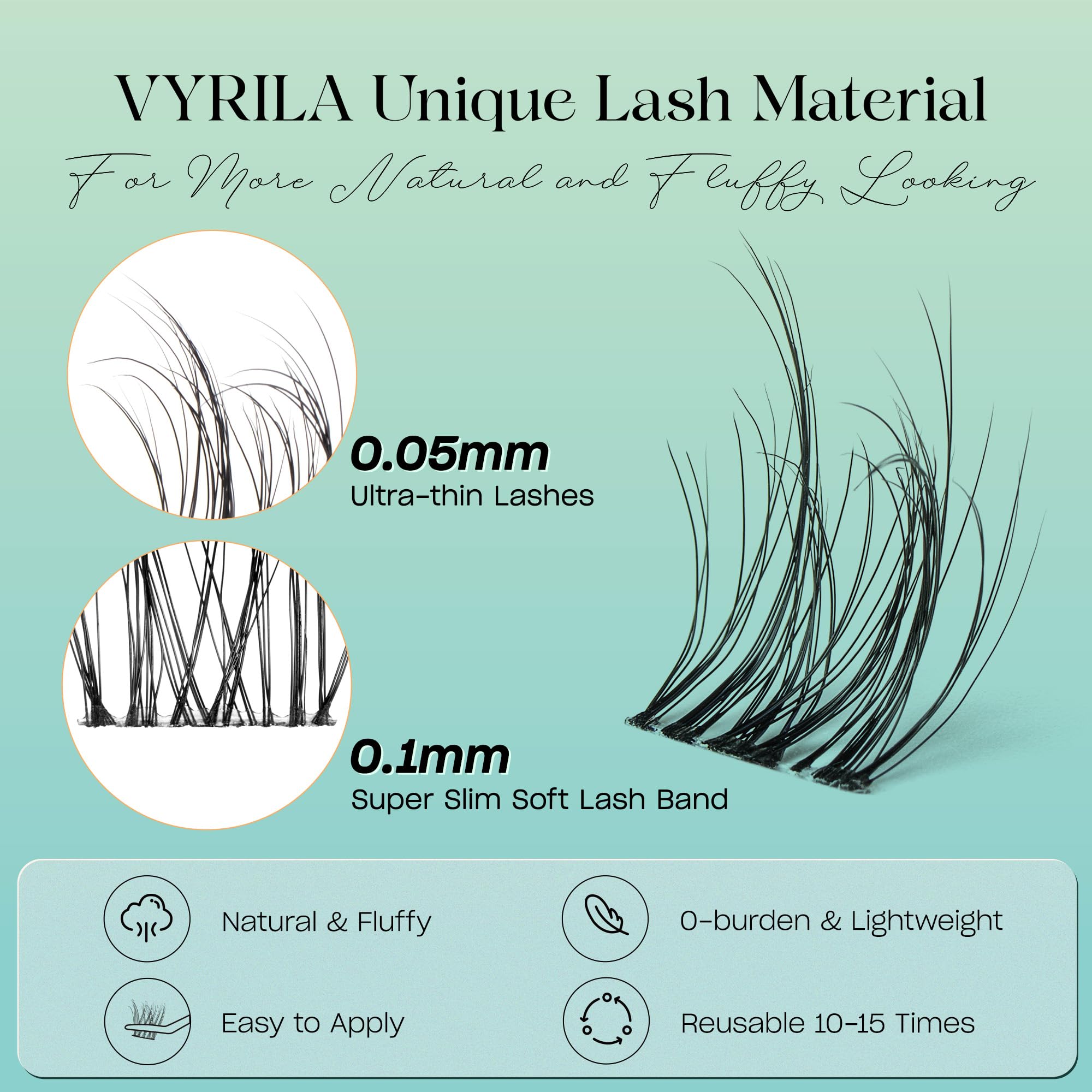 VYRILA Lash Clusters Kit 0.05mm Individual Lashes, 3D Wispy Lashes, 0.1mm Super Thin Band Resuable Natural Lashes,D Curl Faux Mink Lashes,120pcs Lash Extension (Green Charm-D-0.05-8-16mix-Kit)