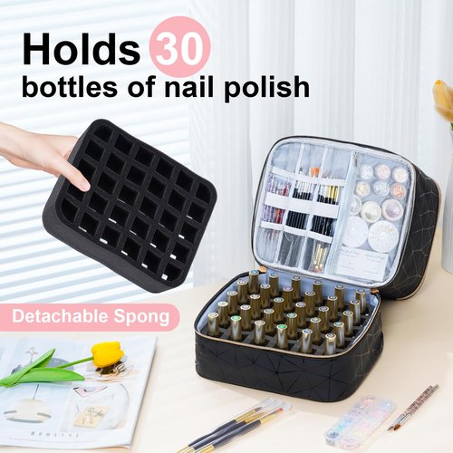 Uross Nail Polish Organizer Bag Holds 30 Bottles Nail Polish & Nail Kit -Nail Polish Storage Organizer Bag Nail Supplies Organizer Case for Nail Tech - Black