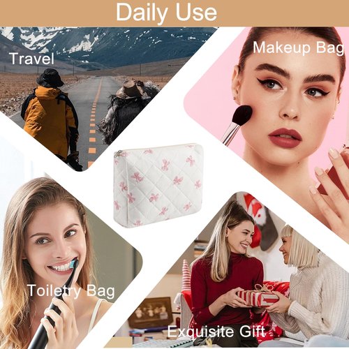 HHQQWZ Large Quilted Cotton Makeup Bag Cosmetic Bag for Women, Cute Large Floral Cotton Travel Cosmetic Bag, Zipper Toiletry Bag Makeup Organizer Storage Bag (Pink Bow Tie)