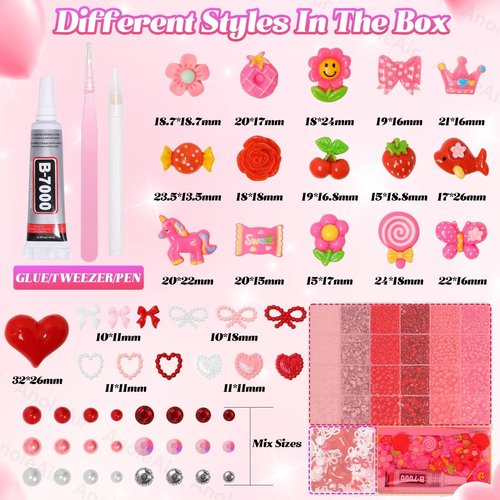 AnoleAir Junk Case Charms Kit, Pink Red Pearls Resin Rhinestones Bedazzling Kit, Cute Candy Bear Cartoon Phone Cases Charms, Junk Case with Big Charm for Crafts Nail Art DIY Accessories