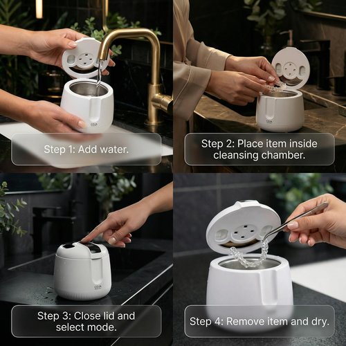 COJA Dental Cleansing Pod PRO + UV - 48kHz Ultrasonic Retainer Cleaner, Dual Accessory UV Ports, 200mL, USB-C Rechargeable for Aligners, Dentures, Night Guards, Mouthguards (Arctic White)