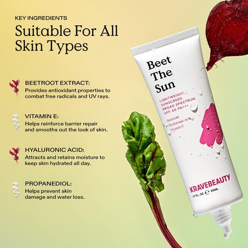 KraveBeauty Beet The Sun Lightweight Sunscreen SPF 40 PA+++, Broad Spectrum Facial Sunscreen with Beet Root Extract & Hyaluronic Acid, Non-Greasy Daily SPF Lotion for Face, Fragrance Free, 50 mL