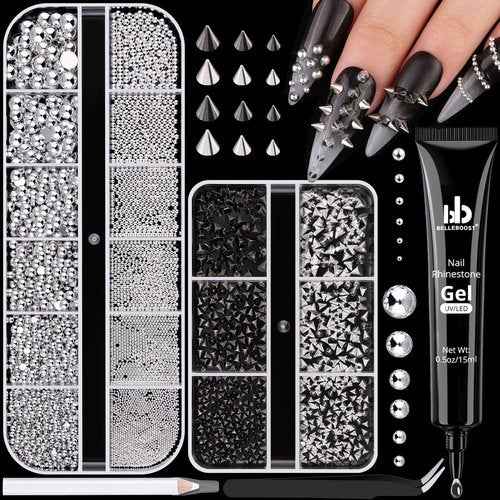 3D Mini Punk Nail Studs Spike Alloy Rivets (Black+Silver), Flatback Nail Pearls and Round Steel Balls Beads (Silver), Goth Nail Charms and Gems for Nail Accessories with Rhinestones Glue Gel