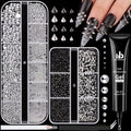 3D Mini Punk Nail Studs Spike Alloy Rivets (Black+Silver), Flatback Nail Pearls and Round Steel Balls Beads (Silver), Goth Nail Charms and Gems for Nail Accessories with Rhinestones Glue Gel