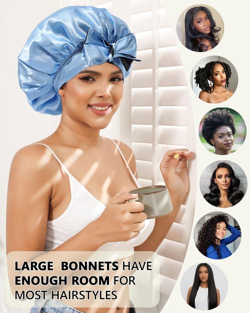 Satin Hair Bonnets for Women Curly Hair Wrap Reversible Bonnet with Tie Band Night Cap Double Layer Sleep Cap in Black + Blue