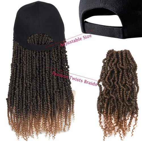 AliRobam Hat Wig Baseball Cap with Short Pre-Twisted Passion Twist Hair Extensions Ombre Brown Synthetic Curly Ends Braids Sewed in Adjustable Black Baseball Hat Wig for Black Women(12inch, T27)
