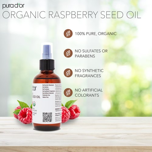 PURA D'OR 3.38 Oz ORGANIC Raspberry Seed Oil - 100% Pure USDA Certified, Cold Pressed Unrefined, Hexane-Free, Premium Grade - Sun Protection For Skin, Body & Hair