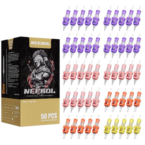 50pcs Neebol Tattoo Cartridge Needles Disposable Assorted Mixed Sizes Tattoo Needles #12 Standard Round Liner Shader Magnum for Tattoo Pen Machine Permanent Makeup Body Art Tattoo Supplies
