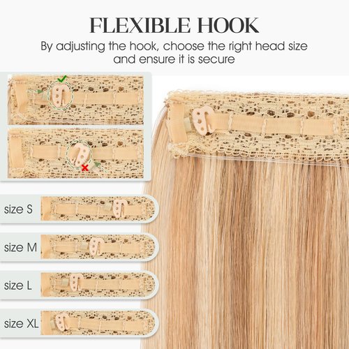 Charites Halo Hair Extensions Real Human Hair Invisible Wire Extensions with Transparent Fish Line Adjustable Size Golden Brown & Bleach Blonde 12 inch
