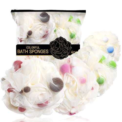Loofah Sponge, 50g Loofah Exfoliating Body Scrubber, Dense Mesh Exfoliating Sponges with Tight Knot Design, Gentle and Durable Bath Poufs for Rich Foam & Deep Cleansing (4 Pack-1)