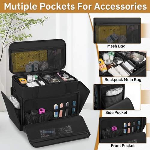 FREEAMG Extra Large Makeup Case with 4 Removable Pouches, Professional Make up Train Case, Travel Cosmetic Bag for Makeup Artist with Shoulder Strap and Handle (Black)（Bag only）