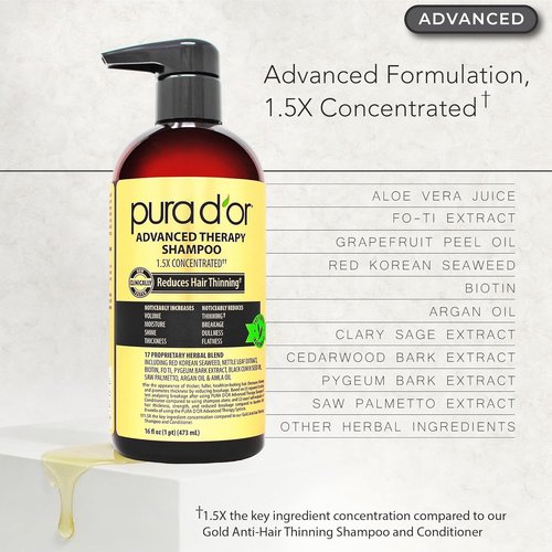 PURA D'OR Advanced Therapy Biotin Shampoo & Conditioner Set - Herbal Hair Thickening for Thinning Hair | 16oz x2