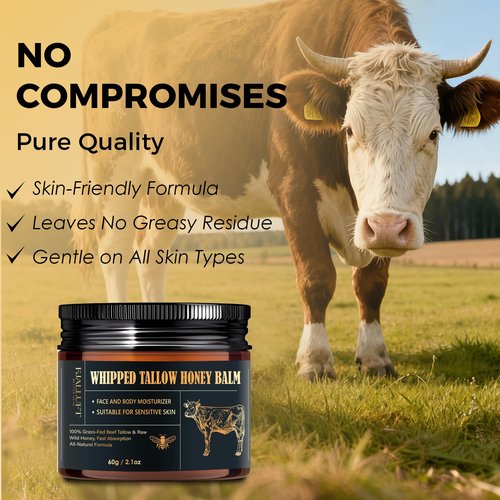 FJALLUFT Beef Tallow and Honey Balm Moisturiser, Whipped Grass Fed with Raw Honey and Olive Oil, Anti-Aging Facial Cream, Unscented, 3 Ounce (Medium)