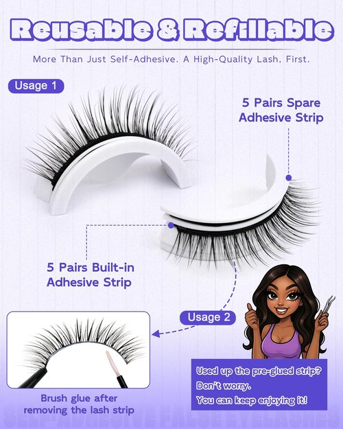 Self Adhesive Eyelashes Glueless Lashes - Natural Look 7-10mm No Glue Eyelashes Strip Waterproof All-Day Hold Press On Lashes Glueless Reusable Lash Strips Kit With Tweezer for Makeup by LZM (08)