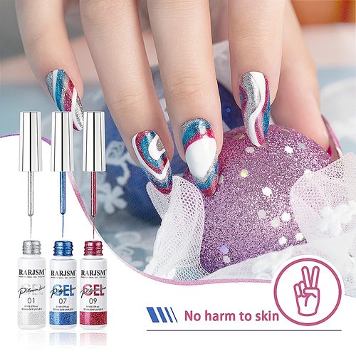 RARJSM Painted Gel Nail Polish Set, Nail Art Metallic Liner Painting Polish Set U V L E D 12 Colors Platinum Liner Gel Champagne Glitter Silver Rosa Gold Green Blue Purple Paint for Nail Art Design